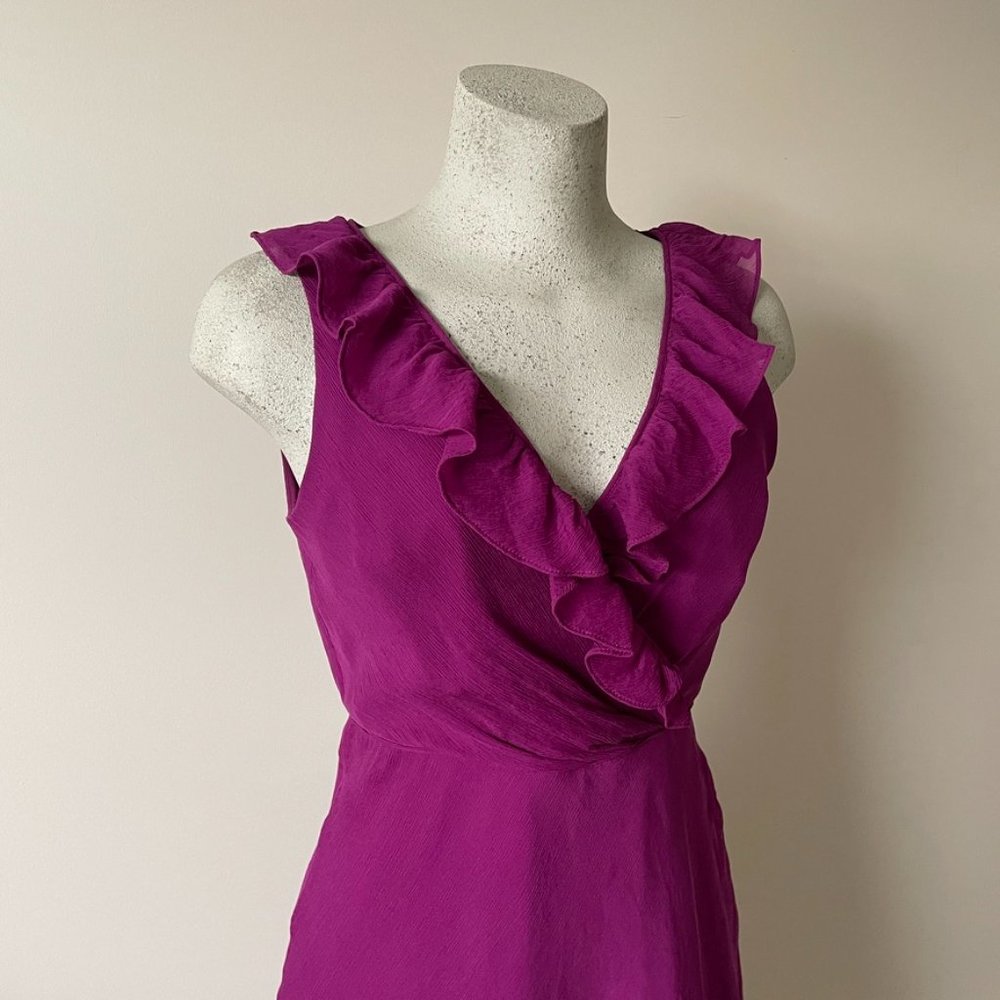 J Crew | Silk Chiffon Ruffle Magenta Dress - Size 6 - Picture 2 of 13